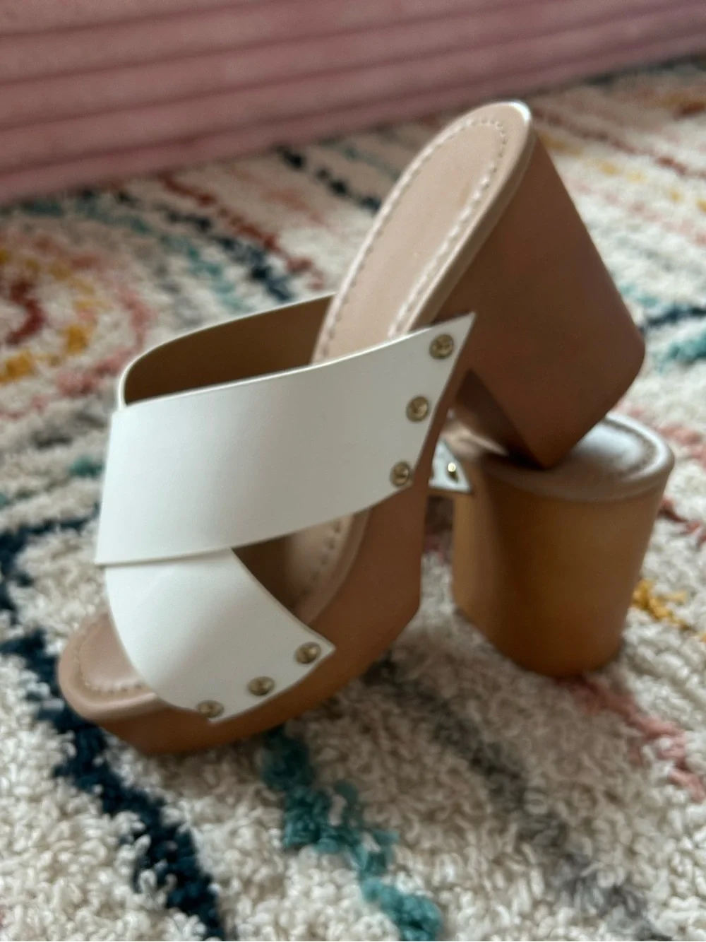 Qupid White Crisscross Platform Sandals with Wood-Effect Heel